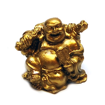 Buddha Cel Vesel Auriu Cu Evantai Si Wu Lou