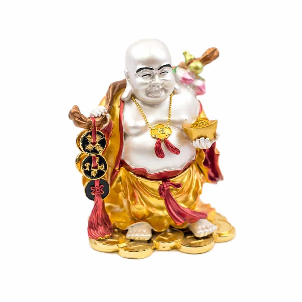 Buddha Razand Cu Toiag, Monede, Pepita, Floare De Piersic Si Sacul Abundentei Din Metal