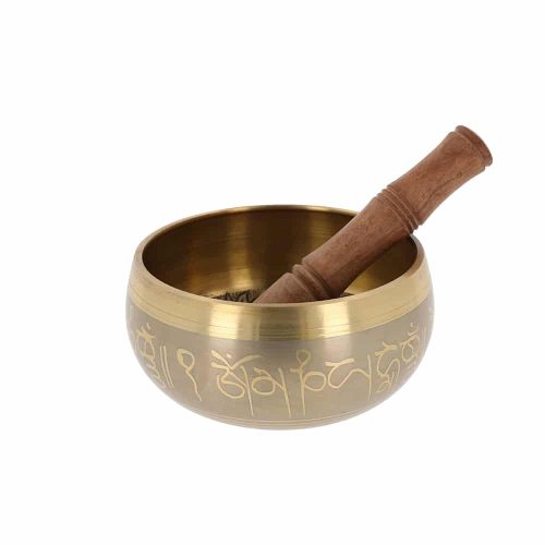 Vas tibetan - Bol cantator auriu cu Buddha Medicine si cele 8 simboluri - Mediu-0