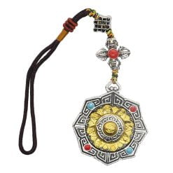Amuleta cu cele 8 simboluri tibetane, pe floare de lotus argintie, nod mistic si duba dorje