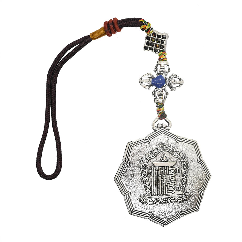 Amuleta cu cele 8 simboluri tibetane, pe floare de lotus argintie, nod mistic si duba dorje