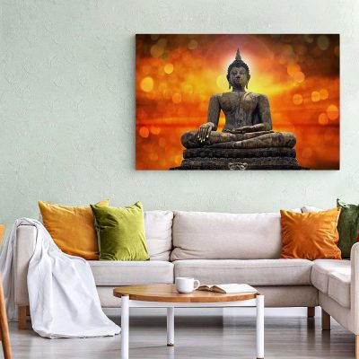 Tablou-statuie-Buddha-pe-fundal-luminos-portocaliu-galben-maro-1178-living-1